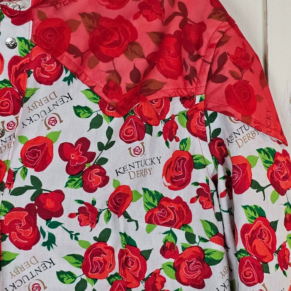Kentucky Derby Rose Print Western Shirt Ella Johnsen Sheer Yoke Blouse Race Day - Picture 4 of 11